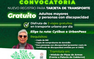 EL ESTADO GARANTIZA TRANSPORTE GRATIS A PERSONAS ADULTAS MAYORES Y CON DISCAPACIDAD• La SCT arranca Inscripción al programa de Transporte Gratuito para Adultos Mayores y Personas con Discapacidad